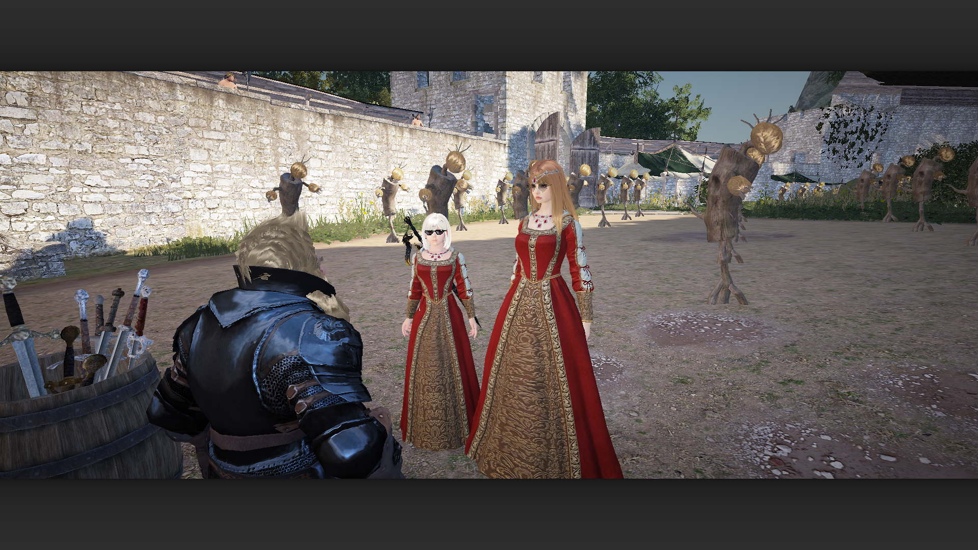 Both characters in matching red Calpheon dresses