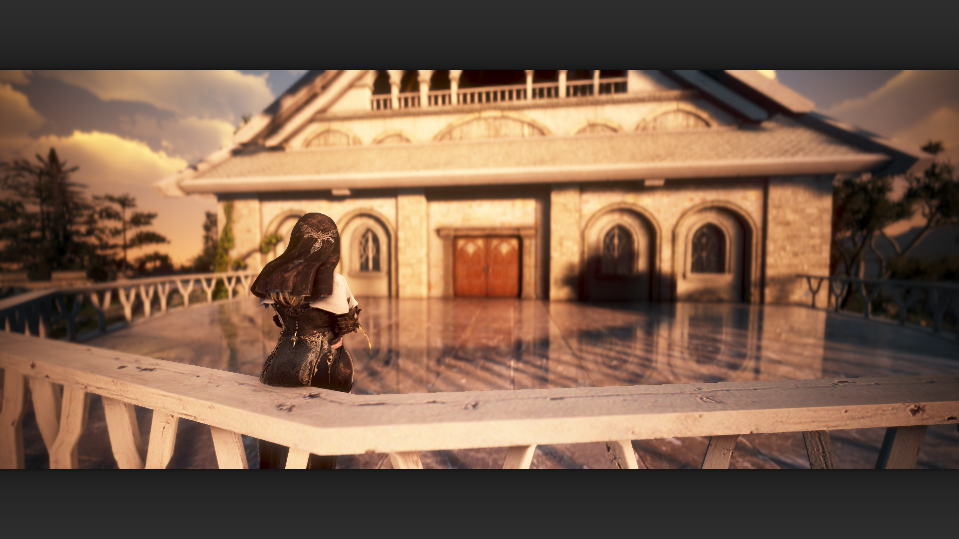 Her character standing before her house in Kamasylvia at sunset
